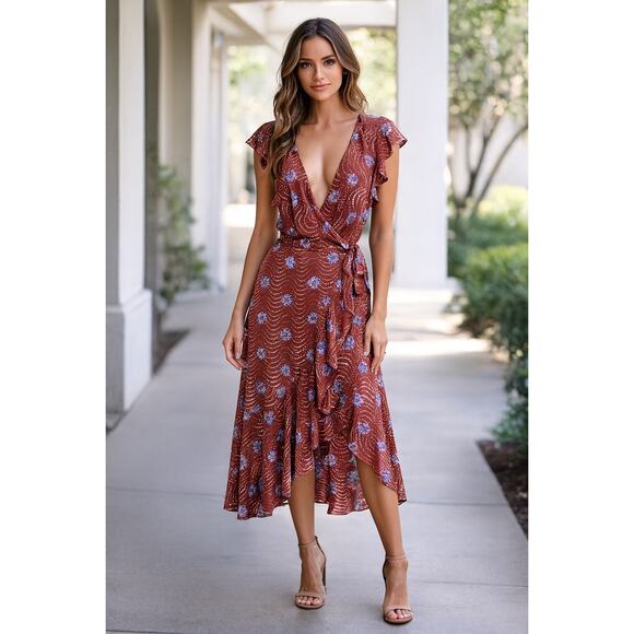 Anthropologie Ruffle Wrap Midi Dress Deep V Floral Boho Cottagecore Flowy Satin - Picture 1 of 9
